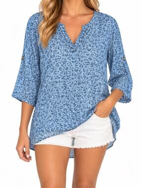 Philosophy Tunic Flowy Top Roll Tab Sleeve V-Neck Denim Leopard Chambray Top